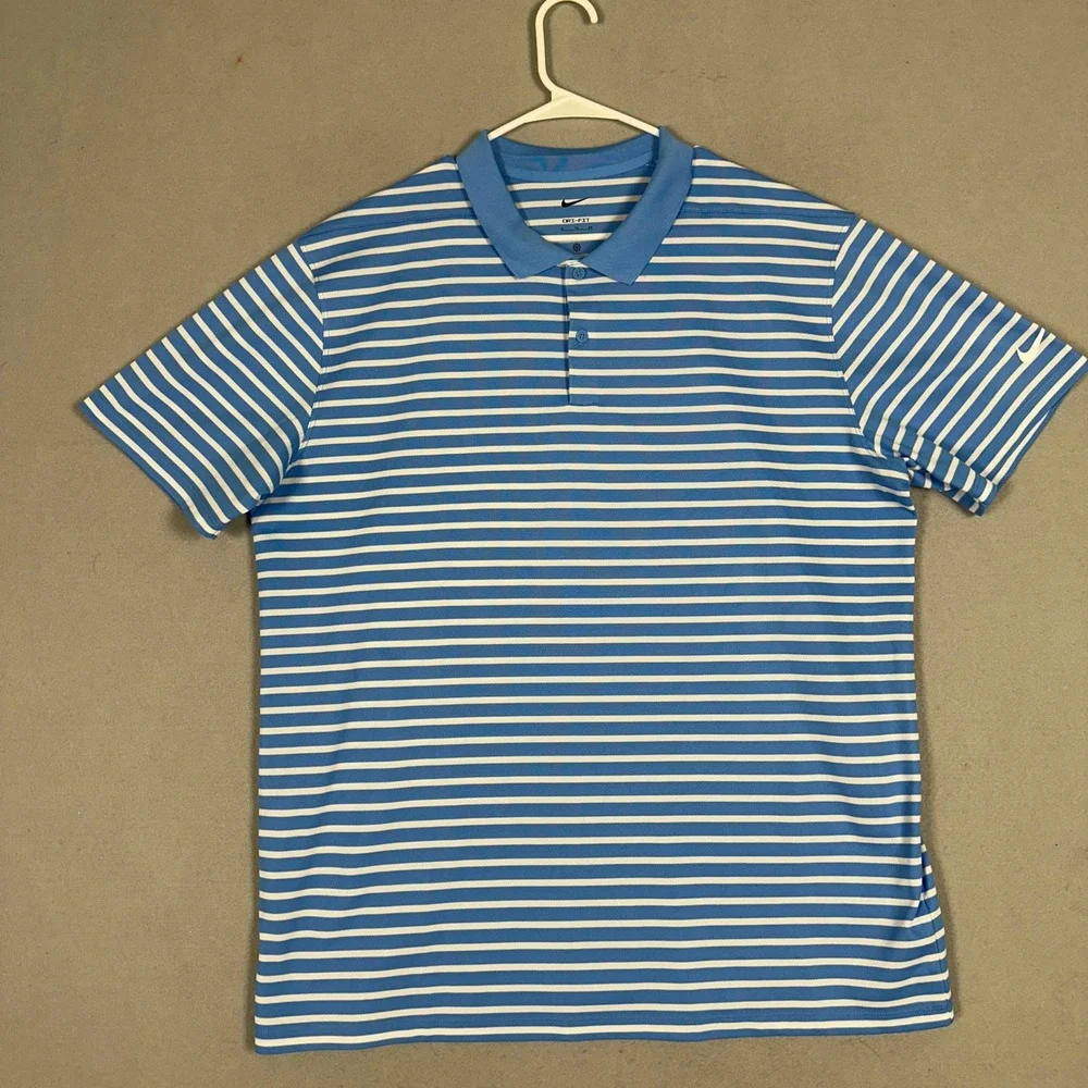 Nike Polo Shirt Mens XL Dri-FIT Blue White Striped Golf Performance Short Sleeve